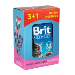 Набір паучів 3+1 Brit Premium д/котів курка та індичка 4х100г