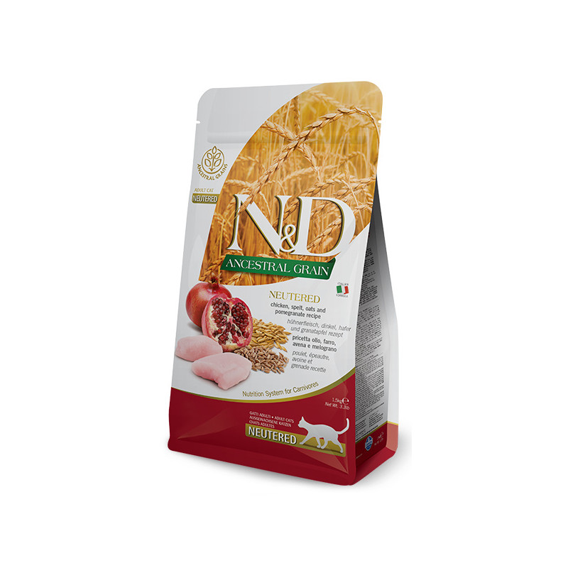 Низькозерновий сухий корм Farmina N&D, для стерилізованих дорослих котів, курка з гранатом, 10 кг