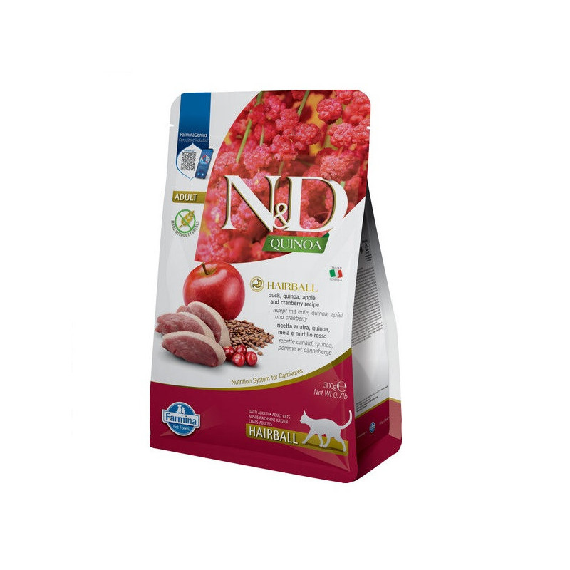 Сухий беззерновий корм Farmina N&D Quinoa Hairball ADULT для стимулювання виведення грудочок шерсті з качкою, кіноа, яблуко та ж