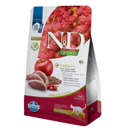 Сухий беззерновий корм Farmina N&D Quinoa Hairball ADULT для стимулювання виведення грудочок шерсті з качкою, кіноа, яблуко та ж