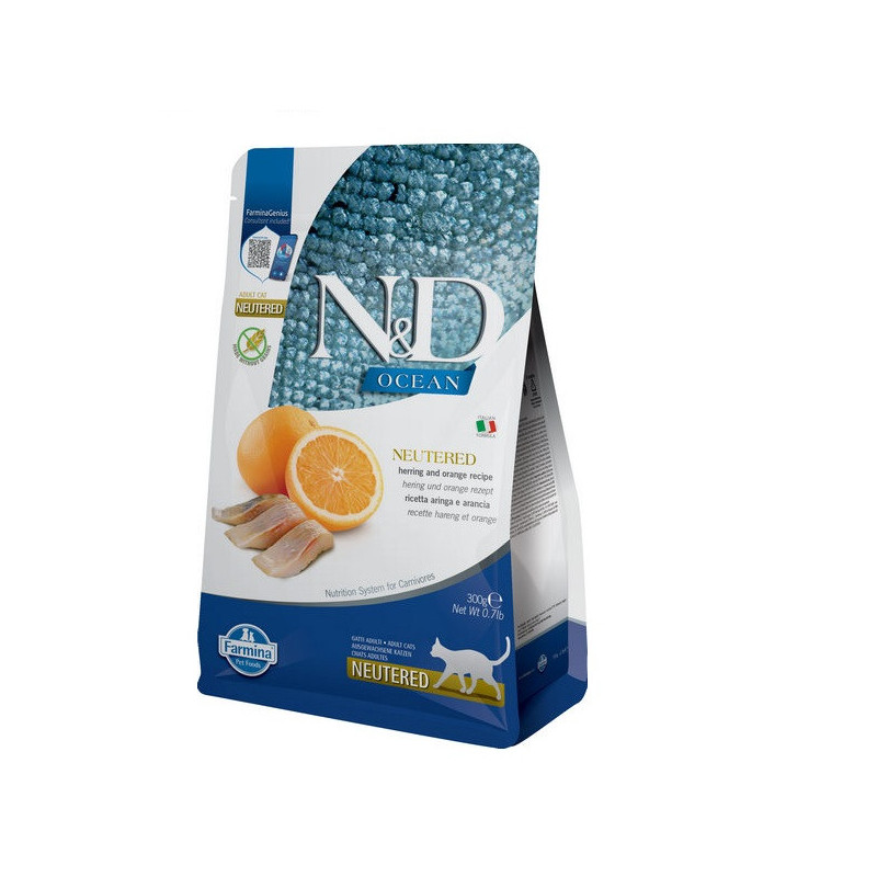 Беззерновий сухий корм Farmina N&D Ocean Herring & Orange Neutered для стерилізованих кішок і кастрованих котів з оселедцем та а