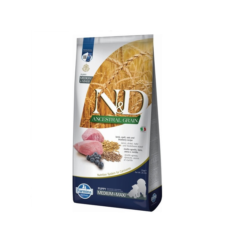 Низькозерновий сухий корм Farmina N&D, для цуценят середніх і великих порід, ягня з чорницею, 12 кг
