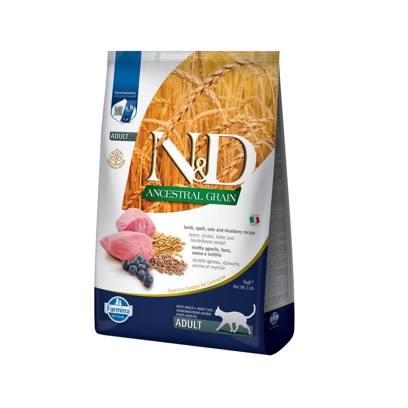 Низькозерновий сухий корм Farmina N&D, для дорослих котів, ягня з чорницею, 5 кг