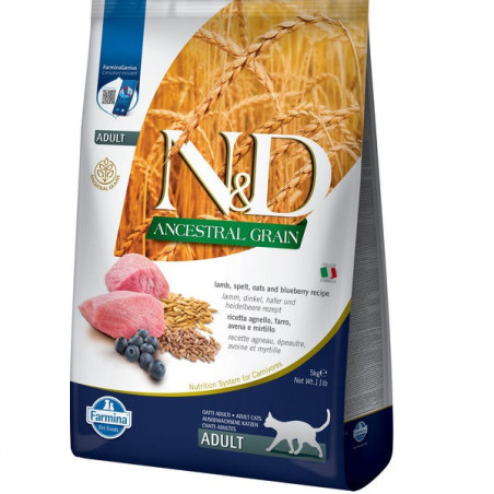 Низькозерновий сухий корм Farmina N&D, для дорослих котів, ягня з чорницею, 5 кг