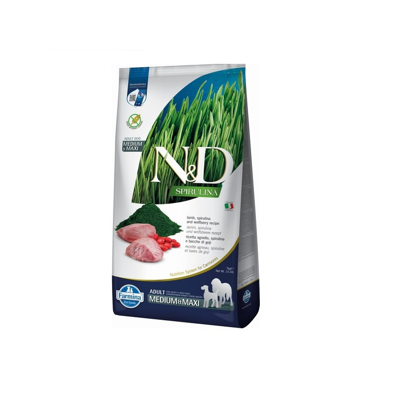 Сухий беззерновий корм Farmina N&D SPIRULINA для дорослих собак середніх і великих з ягням, спіруліною та ягодами годжі, 7 кг