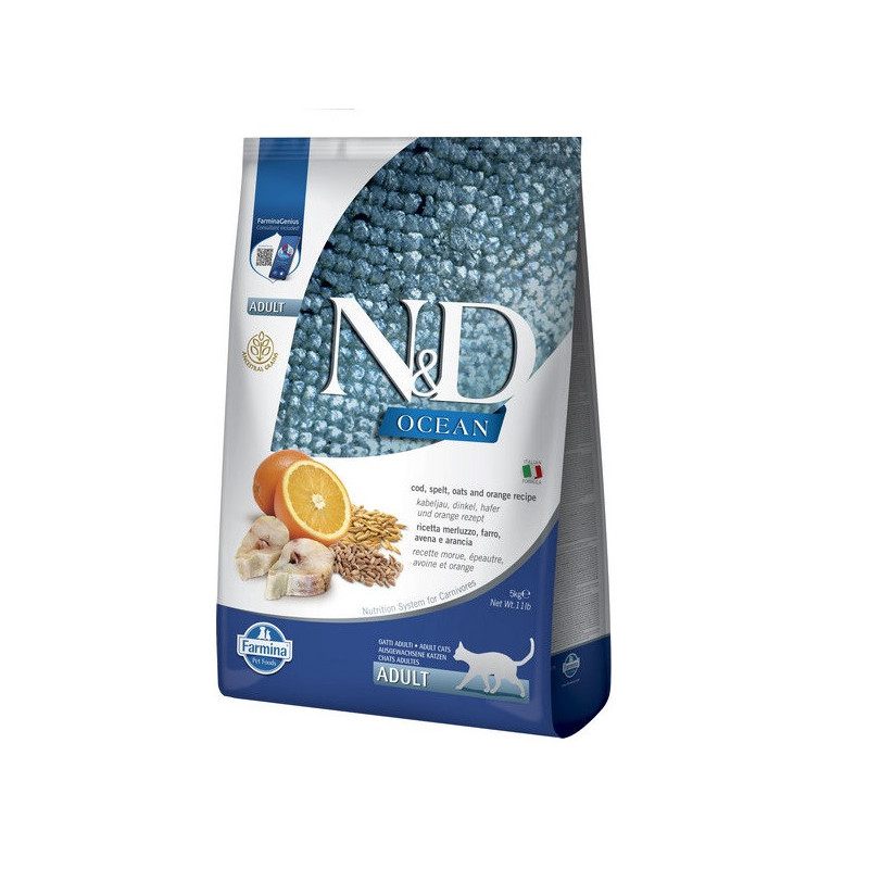 Низькозерновий сухий корм Farmina N&D Ocean для дорослих котів, з тріскою та апельсином, 10 кг