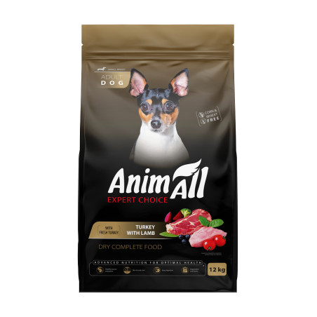 АнімАлл Повнораціонний сухий корм для дорослих собак малих порід зі свіжою індичкою та ягням, 12 кг