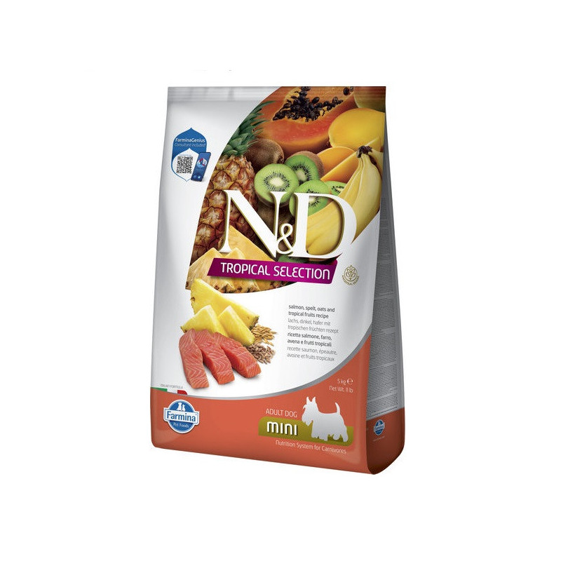 Сухий низькозерновий корм Farmina N&D TROPICAL SELECTION для дорослих собак дрібних порід з лососем і тропічними фруктами, 5 кг