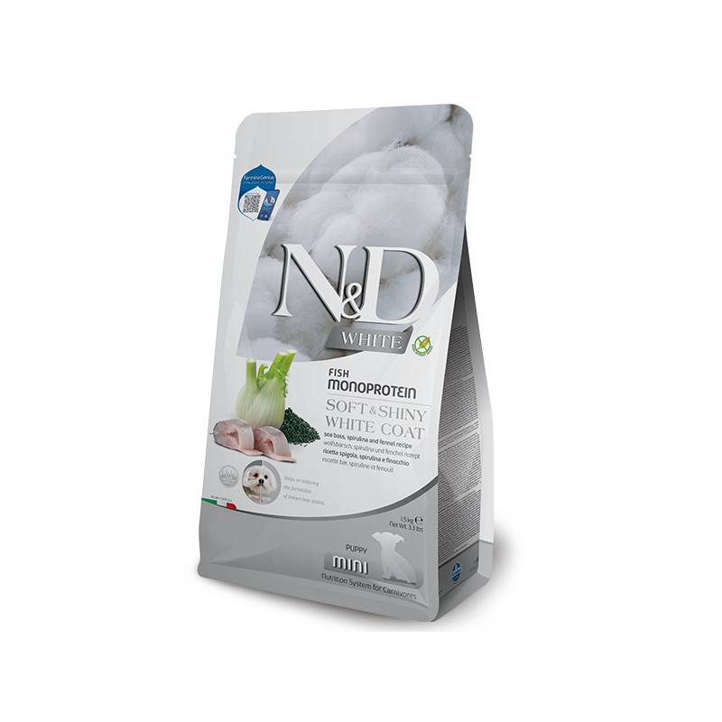 Сухий беззерновий корм Farmina N&D WHITE для цуценят дрібних порід із білою шерстю з сібасом, спіруліною та фенхелем, 1,5 кг