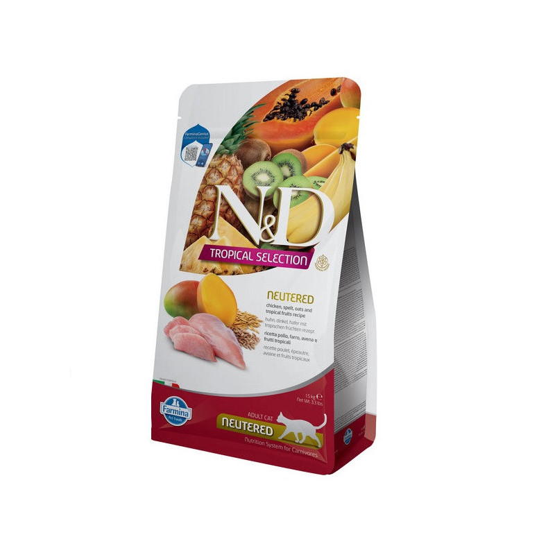 Сухий низькозерновий корм Farmina N&D TROPICAL SELECTION для стерилізованих дорослих котів, курка з тропічними фруктами, 1,5 кг
