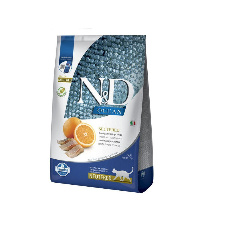 Беззерновий сухий корм Farmina N&D Ocean Herring & Orange Neutered для стерилізованих кішок і кастрованих котів з оселедцем та а