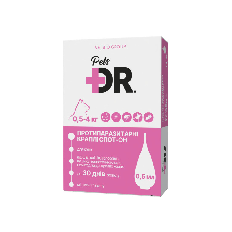 Краплі DR.Pets протипаразитарні спот-он від бліх та кліщів для котів до 4 кг