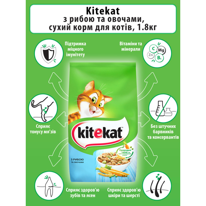 Корм Kitekat Риба з овочами – це повноцінний, збалансований корм для дорослих кішок, який містить всі необхідні поживні речовини